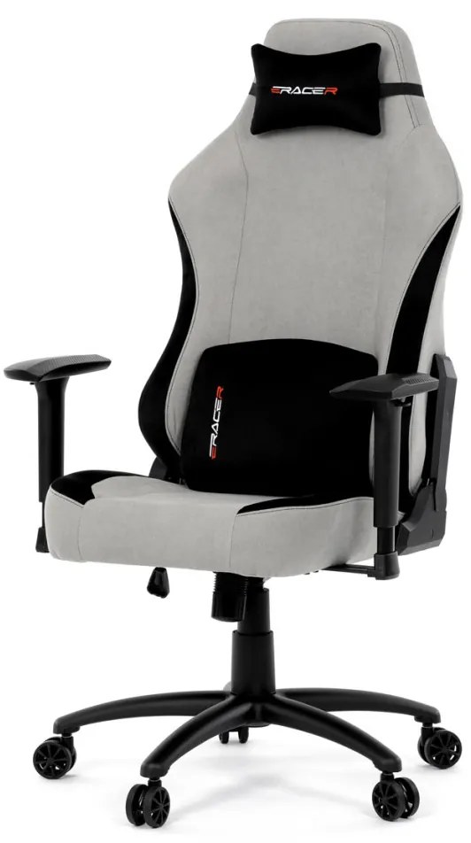 Scaun pivotant gamer, material argintiu, structură balansoar, poziționare spătar 90°-180°, cotiere 3D, perne din spumă cu memorie