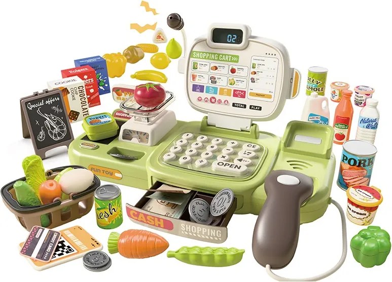 Intelligens pénztárgép gyerekeknek, 77 darabos, szkennerrel, hangvezérléssel, szállítószalaggal, mérleggel és élelmiszerekkel