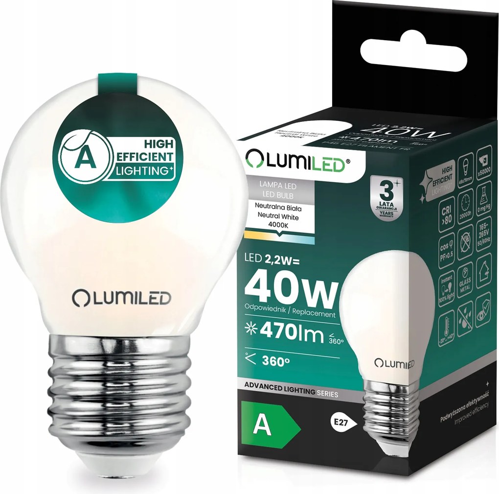 Led Izzó E27 Filament Class A 2,2W 470LM 40W 4000K 360° Golyó