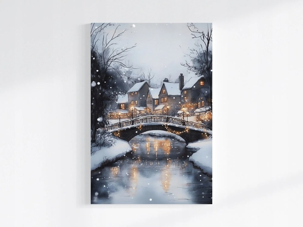 Vászonkép Canvas Tájkép Város Folyó Házak Híd Tél Hó 40x60