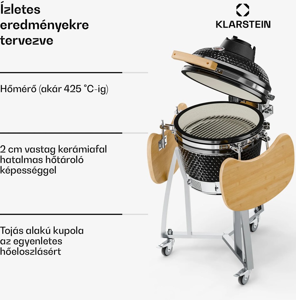 Klarstein Queensize, kamado grill, hőmérő, levehető oldalsó részek, fekete