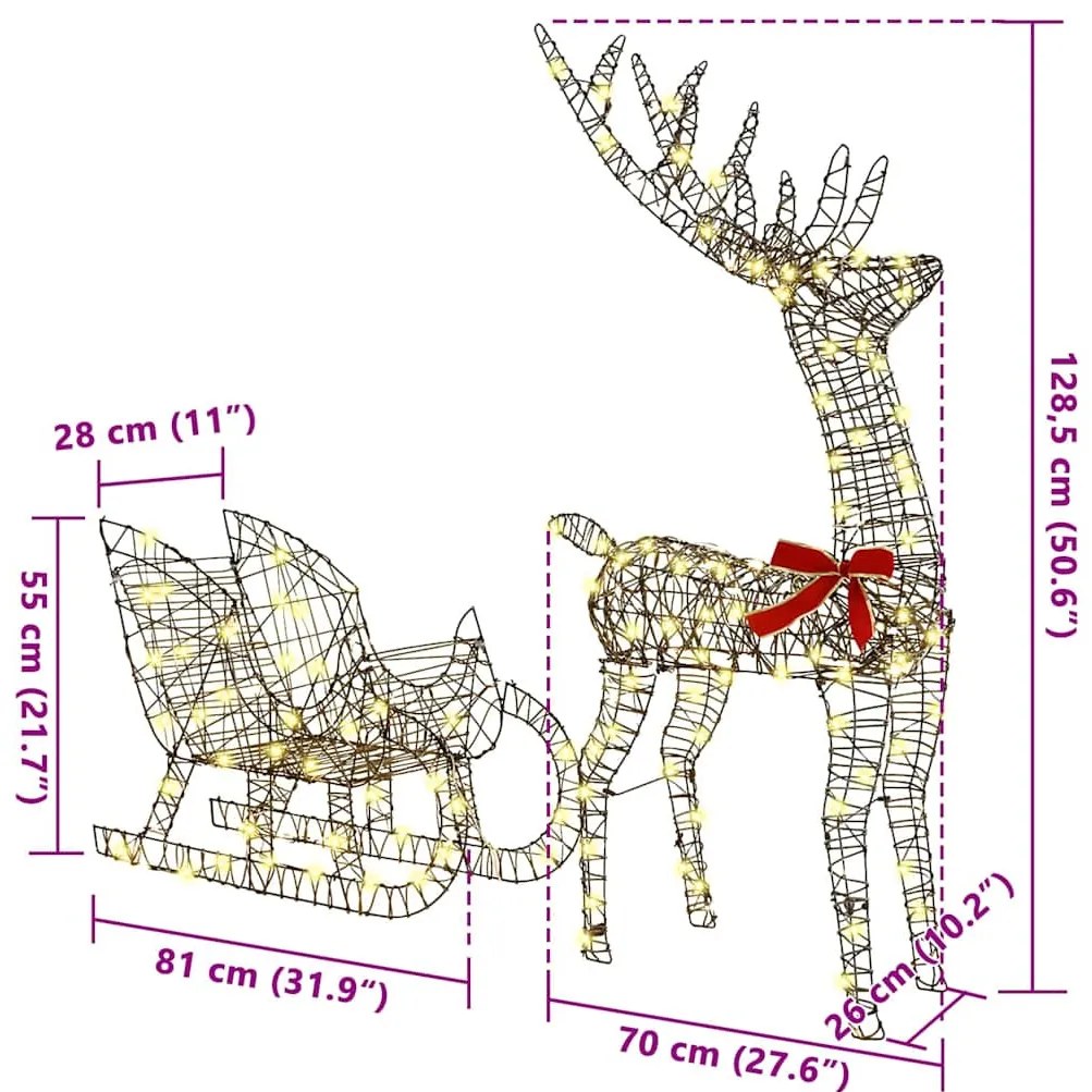 Rénszarvas húzta szán Meleg fehér 70 x 26 x 128.5 cm Rattan