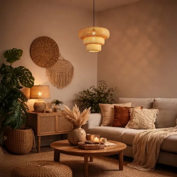 Kábelre függesztett TULUM függőlámpa 1xE27/15W/230V, átm. 35 cm, bambusz