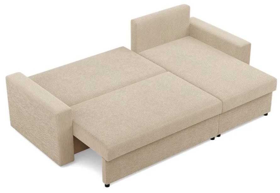 Zeus sarokkanapé, 2 ágyneműtartóval, egyenes kartámasz, kordbársony, univerzális oldal, hab töltet, bézs