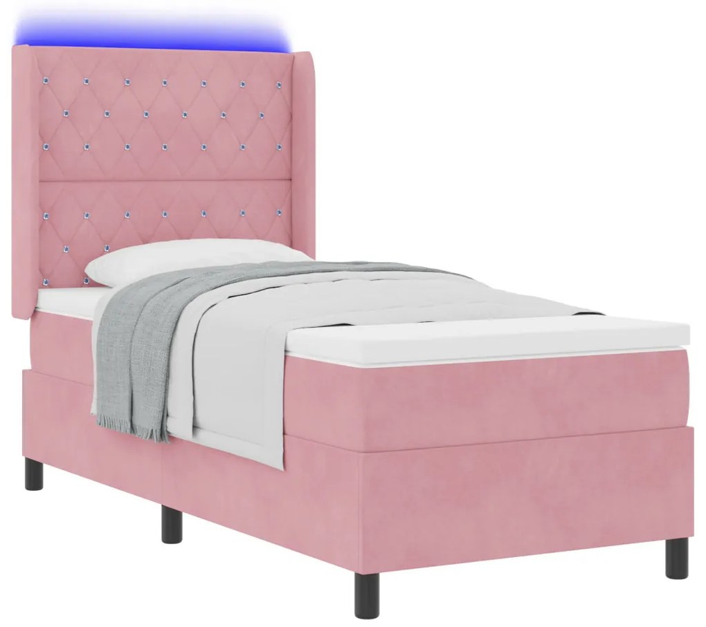 Boxspring Ágy Mattal és LED Fénnyel Rózsaszín 90x190 cm Bársony