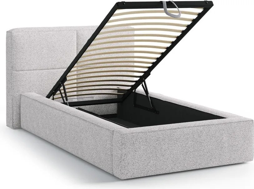 Világosszürke kárpitozott ágyneműtartós egyszemélyes ágy ágyráccsal 90x200 cm Darren – Micadoni