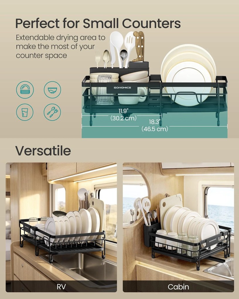 SONGMICS edényszárító állvány, kihúzható mosogató szárító, 360° vízelvezetés, tintafekete