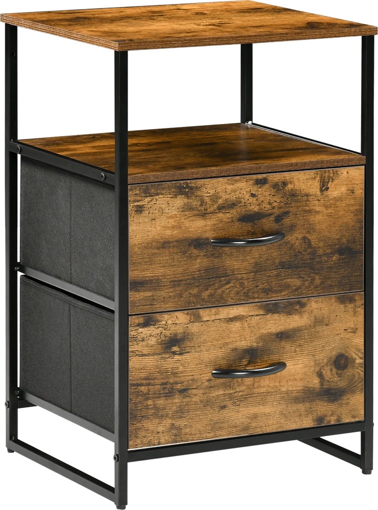 HOMCOM Textil Fiókos Tároló Szekrény 2 Fiókkal, Acél Vázú Polcos Szekrény Hálószobába, Nappaliba - Rusztikus Barna | Aosom