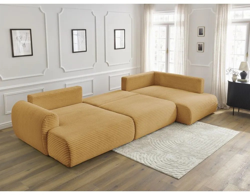 Mustársárga kordbársony kinyitható-tárolóhelyes sarokkanapé (jobb oldali-U alakú) Lucien – Bobochic Paris