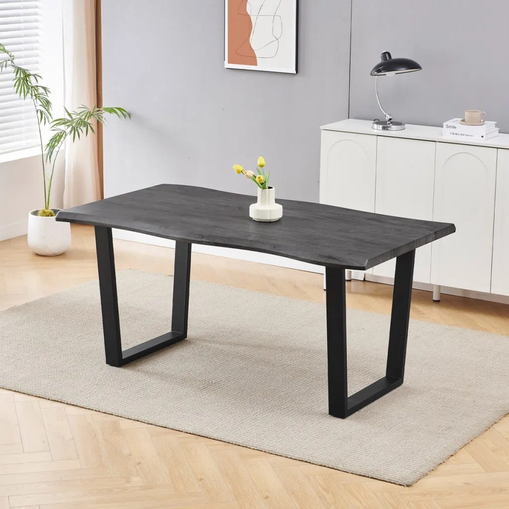 Masă de sufragerie, 160x90x75 cm, blat MDF, decor stejar gri, picioare metalice in forma de U