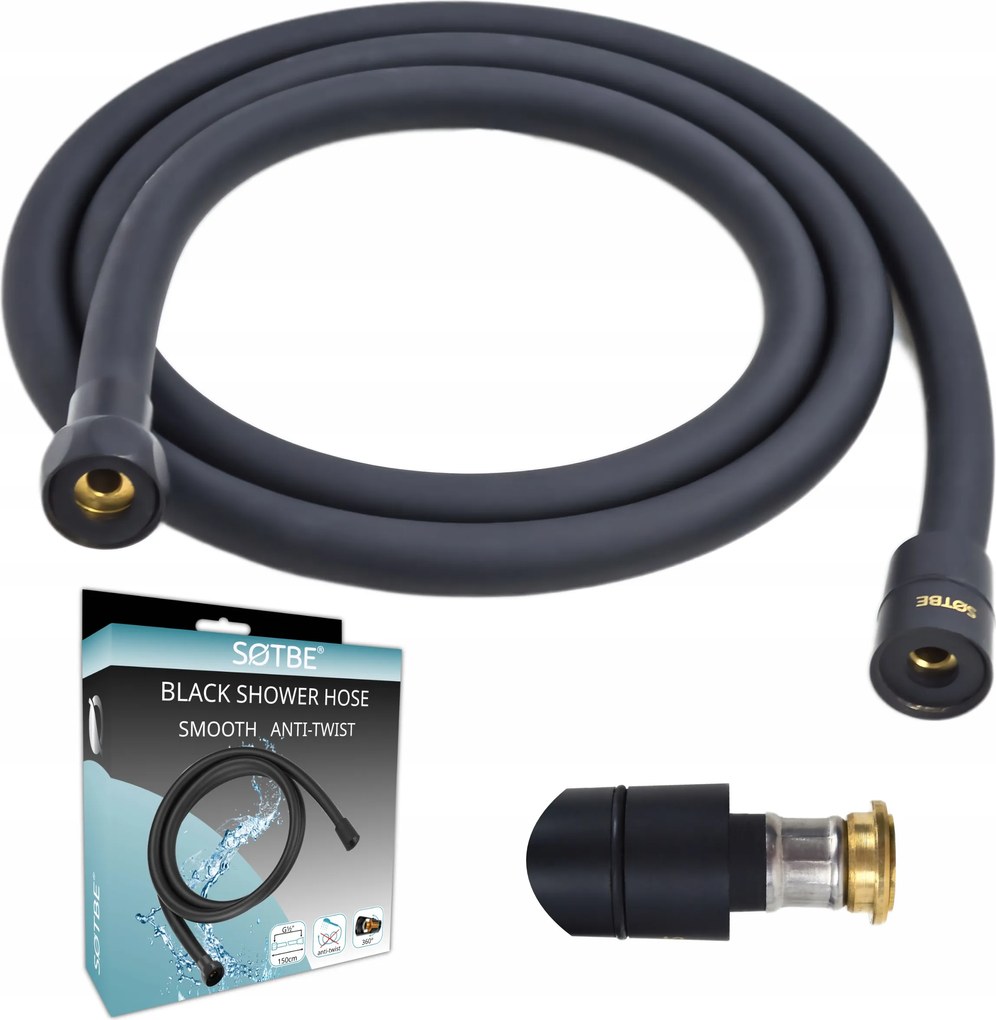 Zuhanytömlő Fekete sima 150cm csavarodásgátló erősített Sotbe
