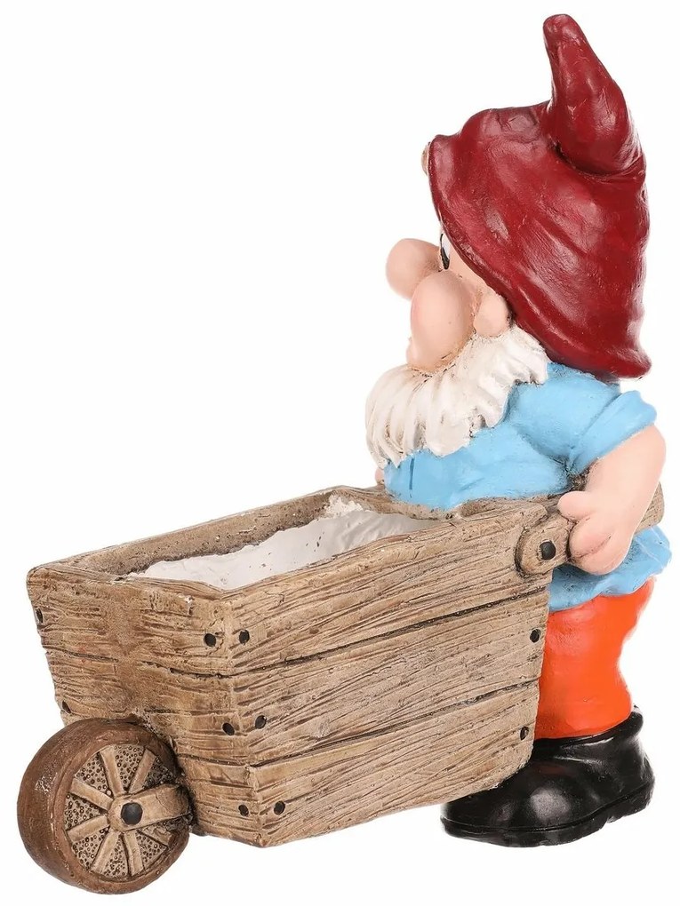 Kerti dekoráció Törpe talicskával, piros, 31 x 16x 33 cm