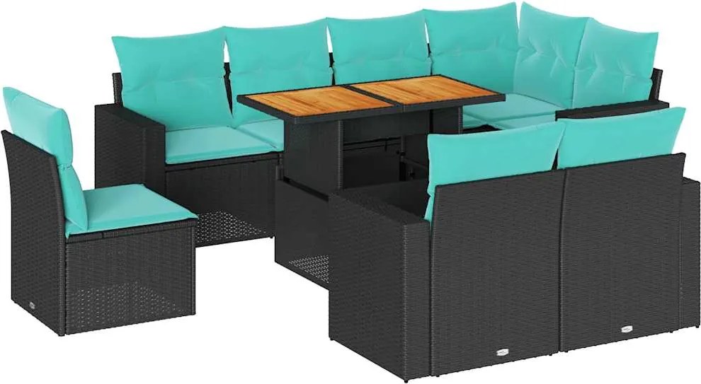 vidaXL 9 részes fekete polyrattan kerti ülőgarnitúra párnákkal