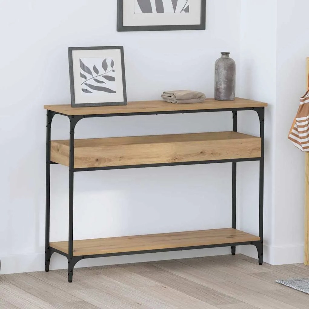Konzolasztal polcokkal kézműves tölgy 100 x 29 x 75 cm Faanyag
