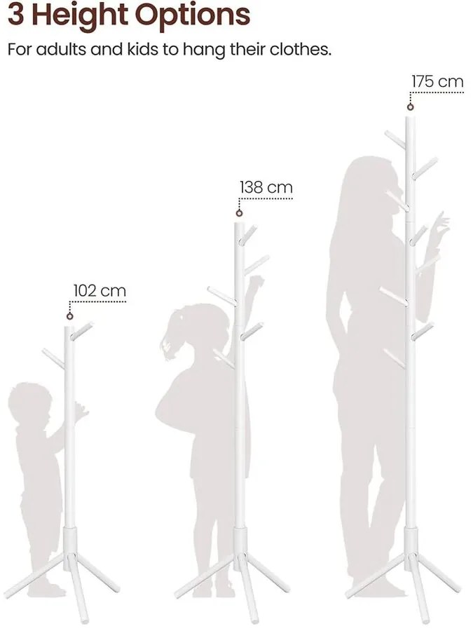 Álló fogas, tömörfa kabáttartó 3 magassági opcióval, fehér