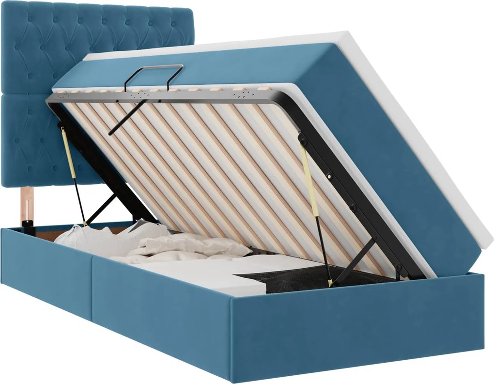 vidaXL Ágy tárolóval és matraccal Sötét kék 90 x 190 cm Bársony