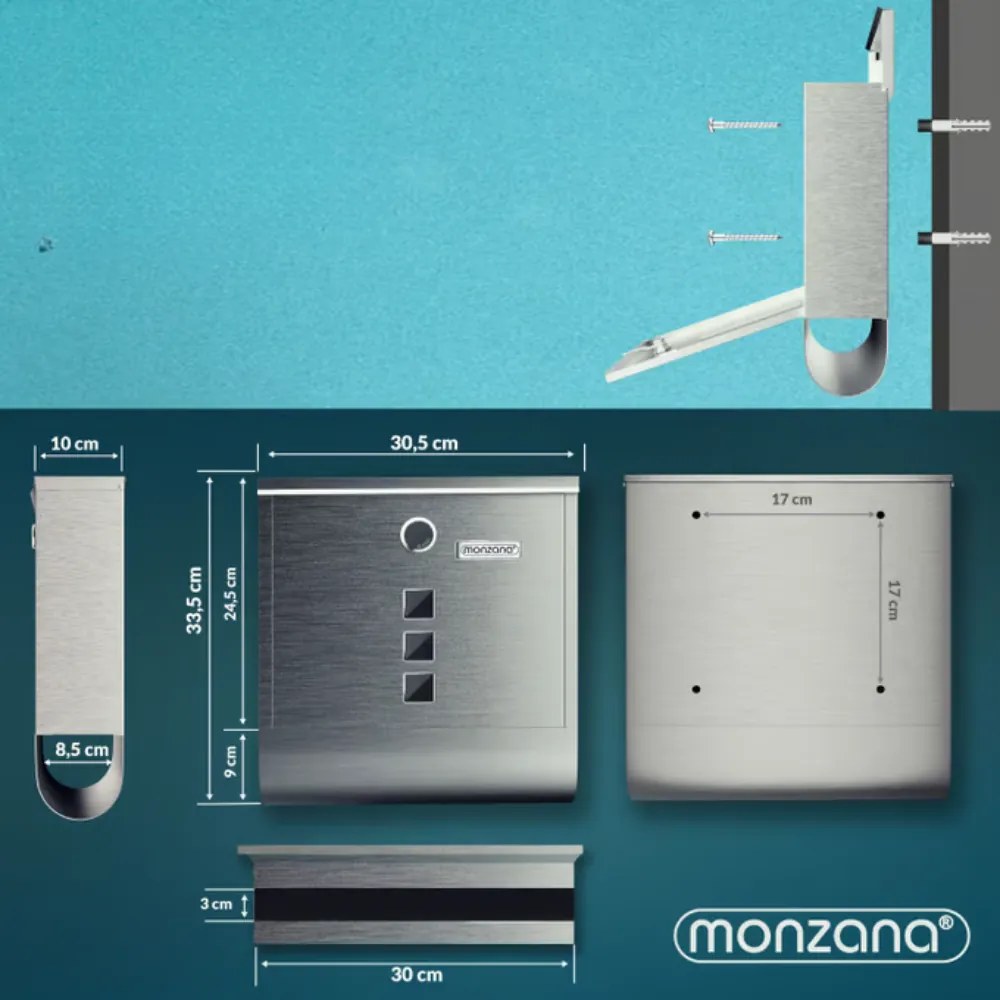 POST postaláda újságtartóval, 30,5x10x33,5cm, ezüst Monzana