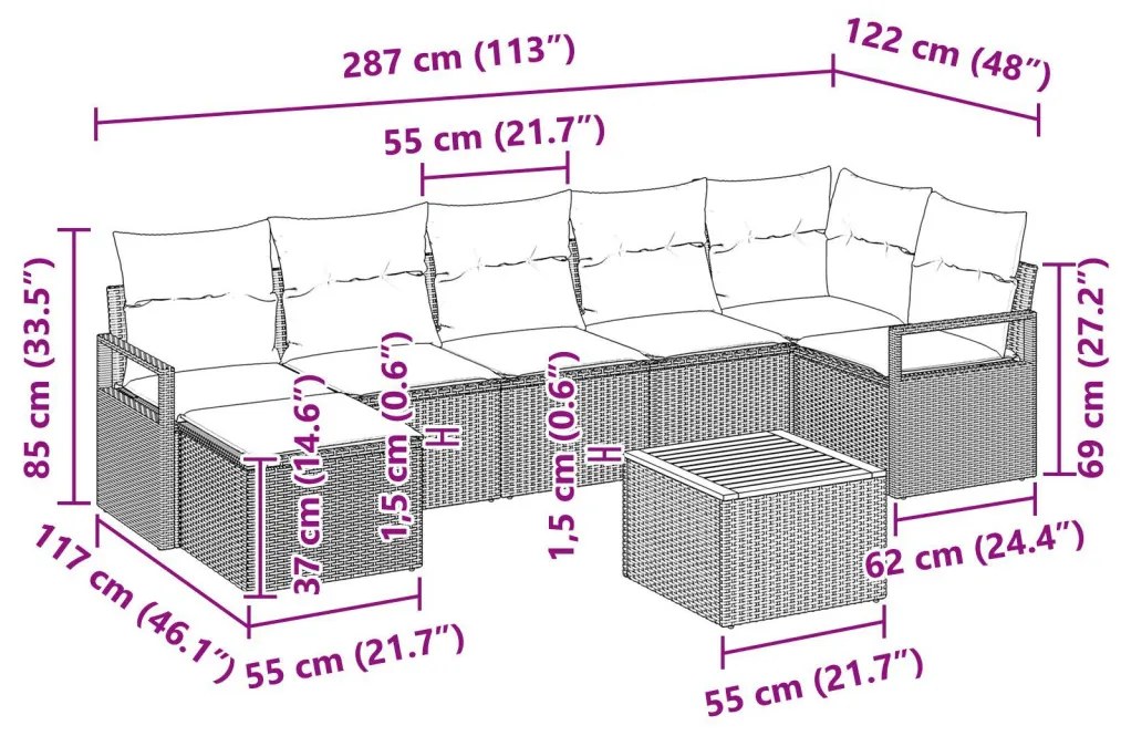 8 darabos Kertkanapé Készlet Párnákkal Fekete Poli Rattan Akác, 2 fős Kertkanapé Párnákkal Fekete Poli Rattan