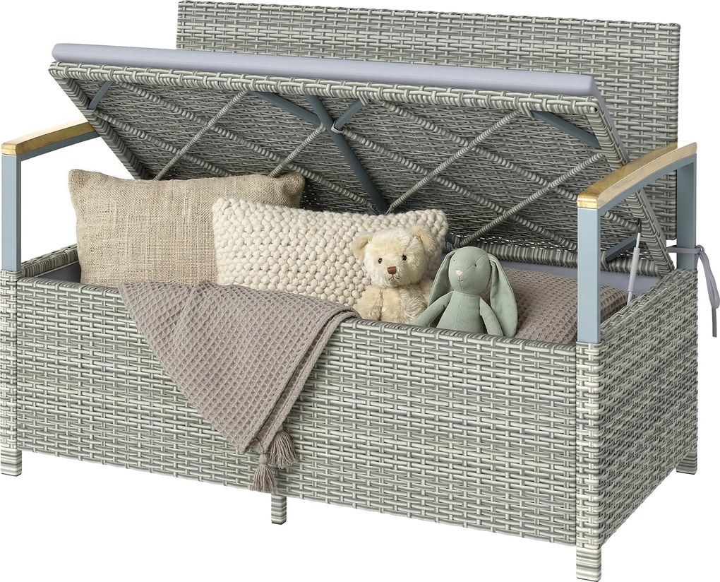Outsunny 2 személyes rattan kerti tárolós pad, 170 L belső, mosható párna, háttámla és akácfa karfák, gázrugós fedél — világosszürke | Aosom