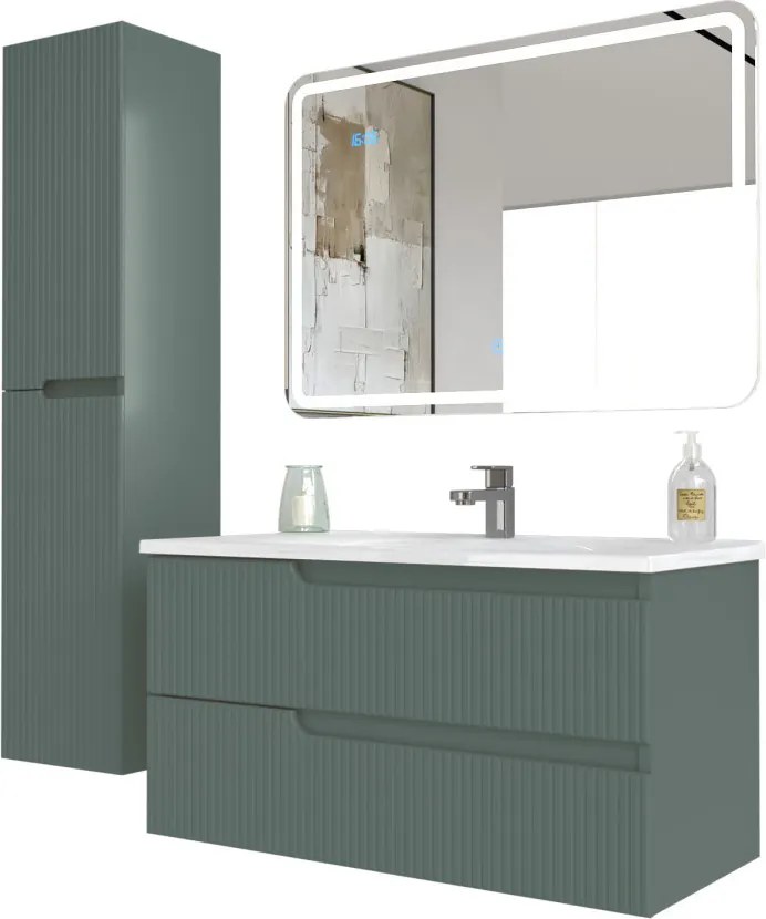 Piramida EURIDIKA fali fürdőszobabútor - műmárvány mosdóval -2 fiókos - PINO ZÖLD - 100 x 48 x 53 cm
