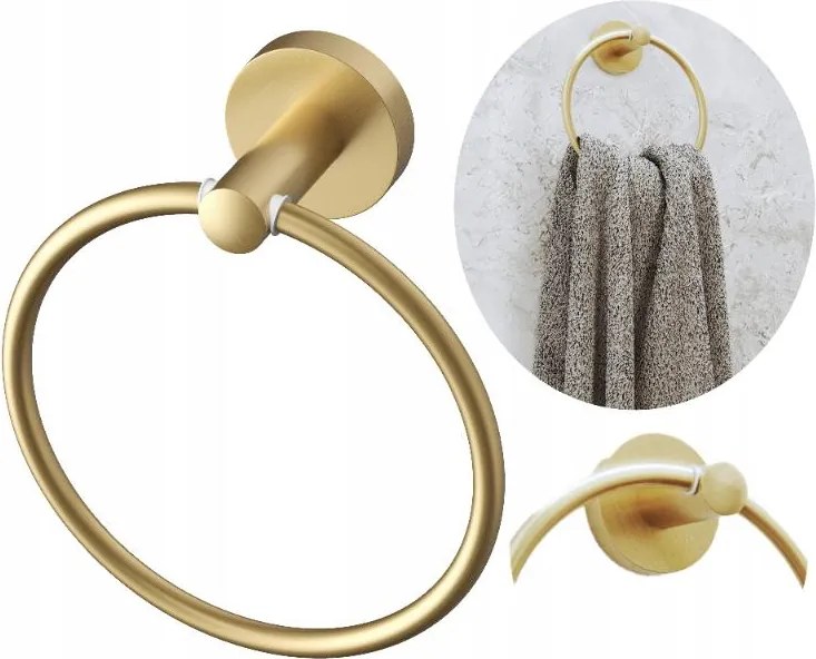 Törölközőtartó akasztó kerek fürdőszoba szálcsiszolt arany Kivo