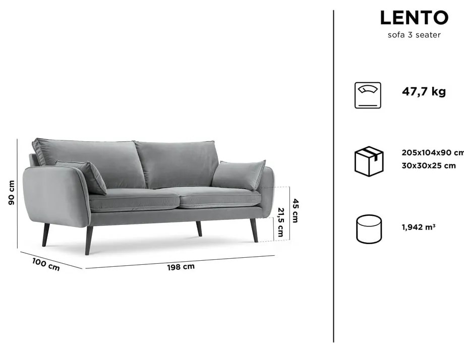 Lento sárga bársony kanapé fekete lábakkal, 198 cm - Kooko Home