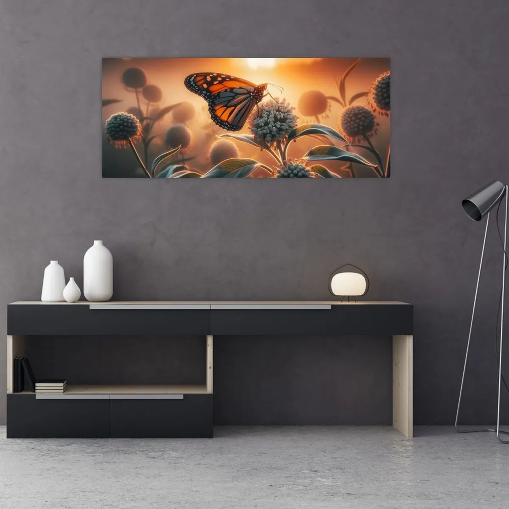 Kép – Pillangó a lenyugvó napban (120x50 cm)