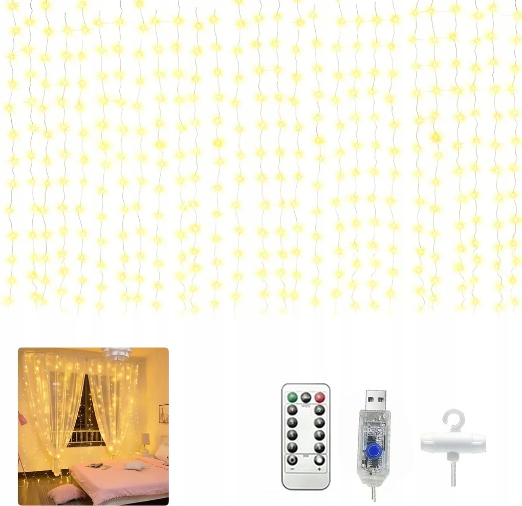 Led Fényfüggöny 3x3 Lámpa 300 Karácsonyi Karácsonyi Füzér Meleg XL