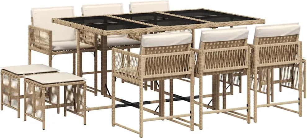 vidaXL 11 részes bézs polyrattan kerti étkezőgarnitúra párnákkal