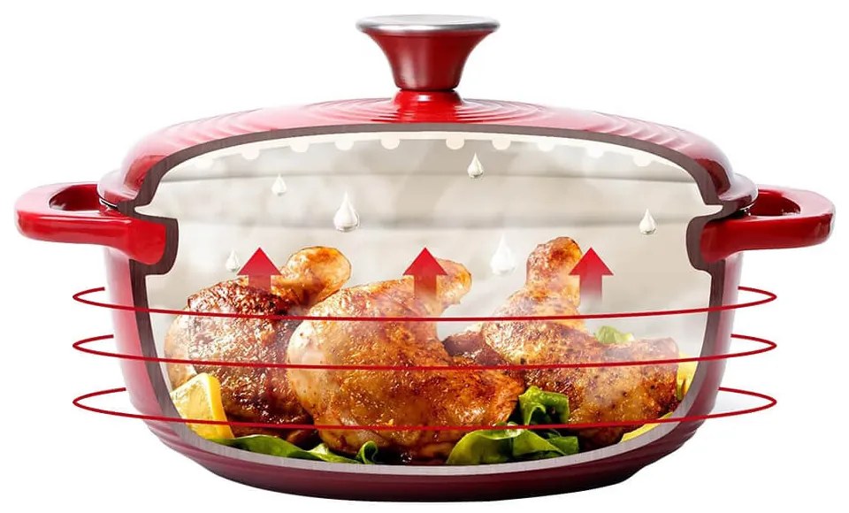 Zománcozott, öntöttvas edény fedővel 5,7 L, piros