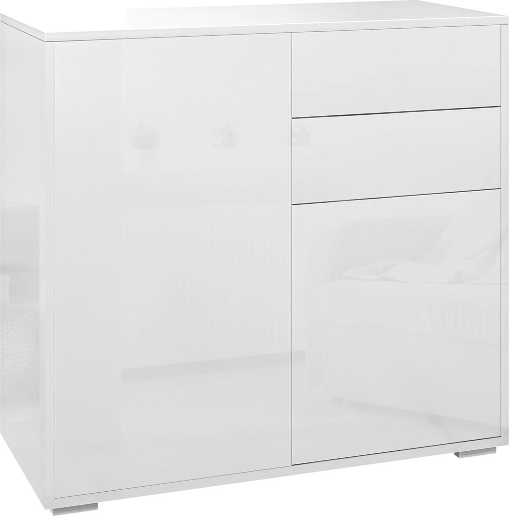 HOMCOM Tároló szekrény, büfé, 2 fiókkal és 2 ajtós szekrénnyel, állítható polcokkal, nappaliba, konyhába, hálószobába, 79 x 36 x 74 cm fényes fehér |