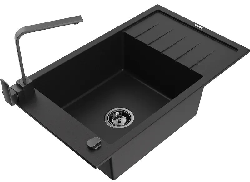 Mexen Elias, gránit mosogató gránit 795x480x200 mm, 1 kamrás, fekete fekete szifonnal és fekete Rita mosogató csapteleppel, 6511-77-670300-70-B