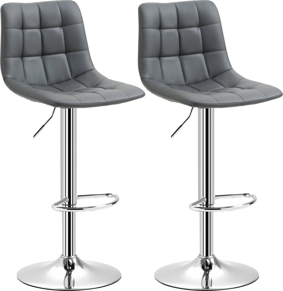 HOMCOM 2 db Műbőr Bárszék Hátpárnával, Forgós Konyha és Nappali Székek Lábpihentetővel, 42x45x89-110cm, Szürke | Aosom