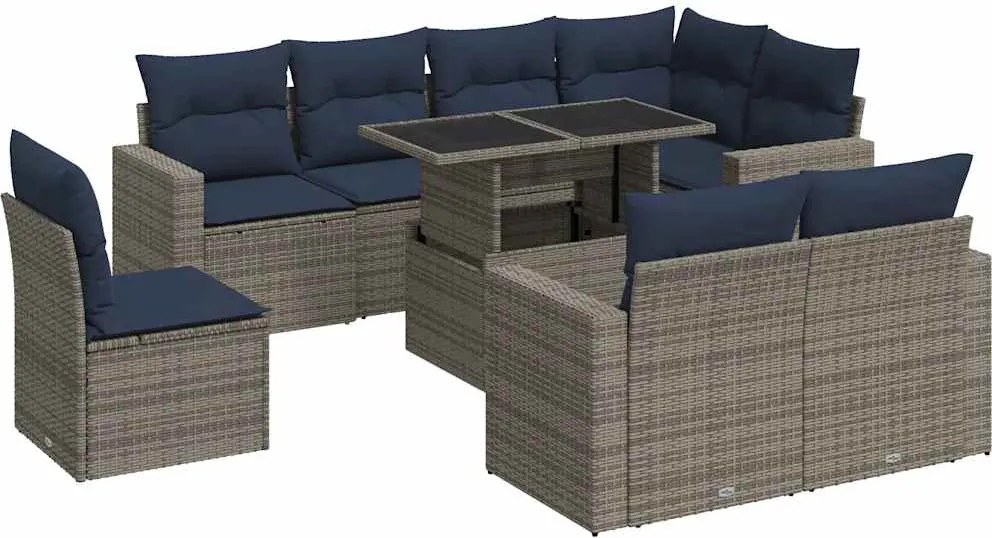 vidaXL 9 részes szürke polyrattan akácfa kerti ülőgarnitúra párnákkal