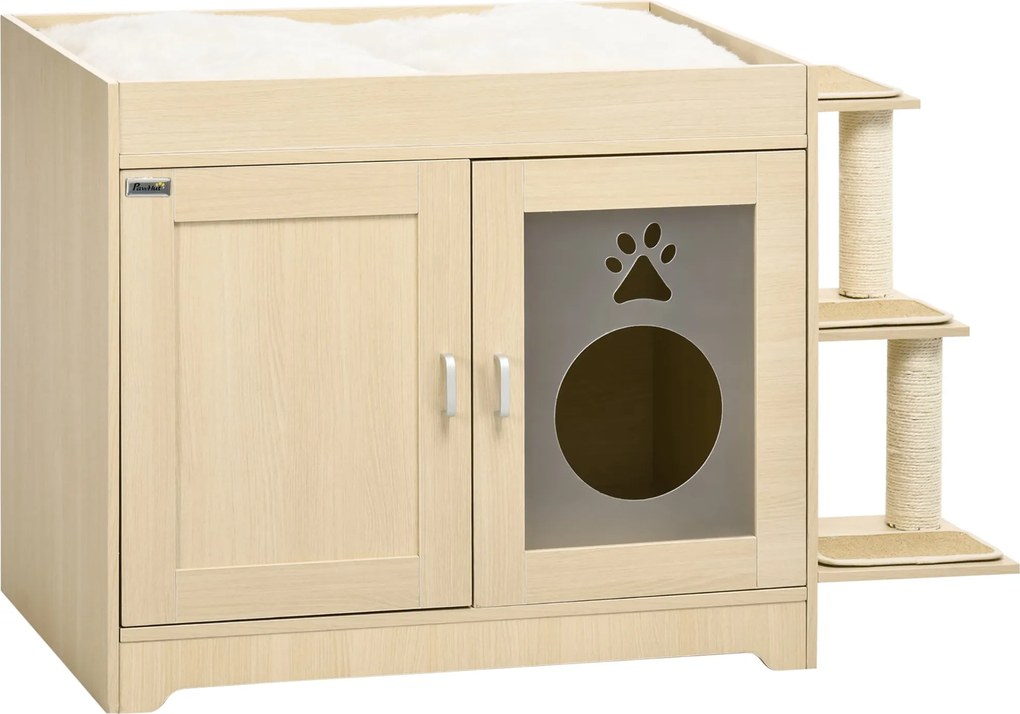 PawHut Macskaállvány Kaki Tálca Bútor 2 Ajtóval Macska Kaki Szekrény Puha Párnás Fekhellyel 3 Platformmal és Zsineg-Oszlopokkal 107x54x70 cm Tölgy | A