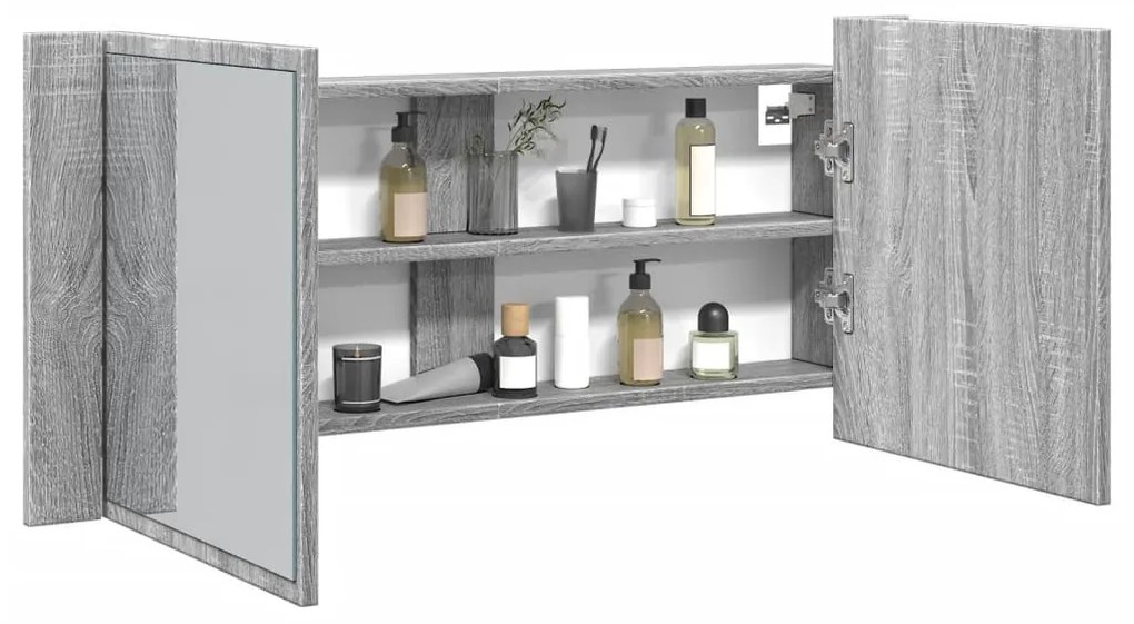 szürke sonoma LED-es tükrös fürdőszobaszekrény 100 x 12 x 45 cm