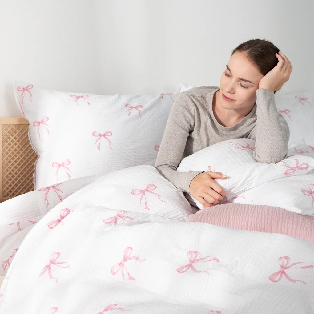 Goldea krepp ágyneműhuzat - rózsaszín masnik 140 x 200 és 70 x 90 cm