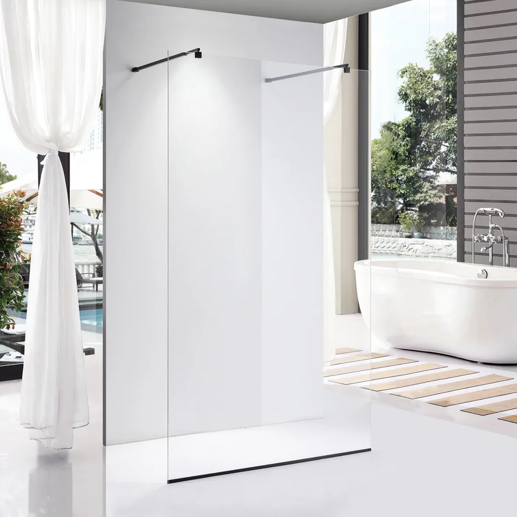 Stuxi Milano Light Black falsíkra szerelhető Walk-in zuhanyfal, 100x200 cm, 8 mm vastag vízlepergető biztonsági üveggel, két távtartóval