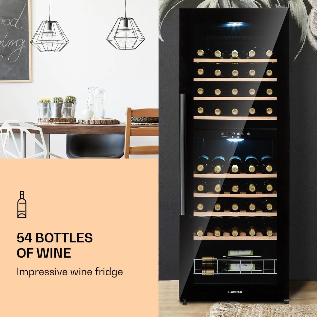 Klarstein Barossa 54 Duo, borhűtő, 148 liter,2 zóna, 54 palack, érintőképernyő