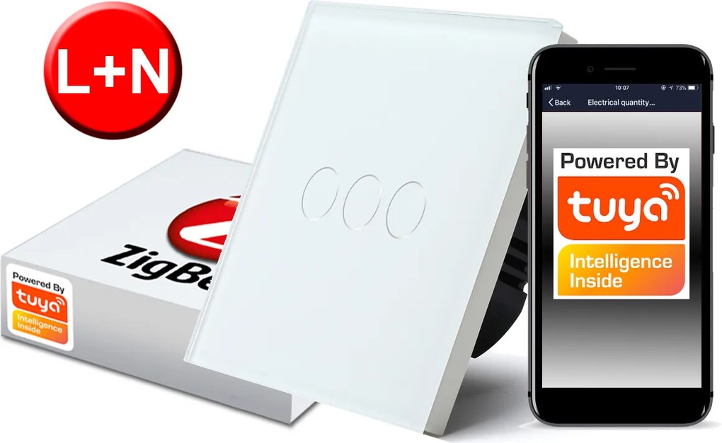 Érintőkapcsoló ZigBee Tuya 3körös fehér L+n