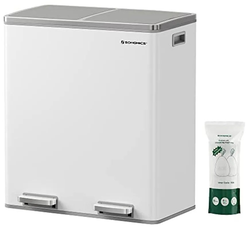 Szemetes,15 szemeteszsákkal, 2 rekesszel, műanyag belső vödrökkel és csukható fedelekkel, légmentesen záródó, fehér/ szürke