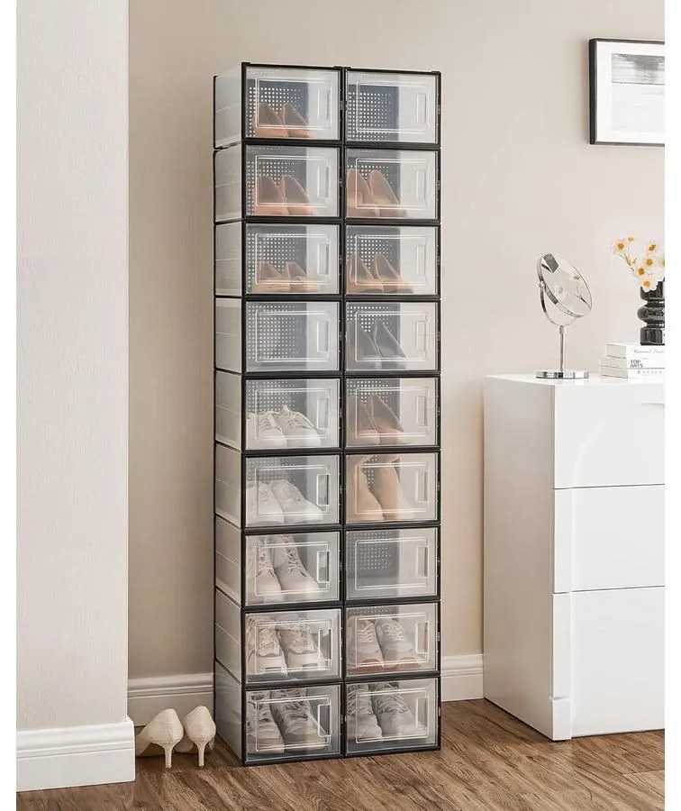 Cipősdobozok, 18 darabos szett, műanyag cipőrendezők 46-os méretig, átlátszó/fekete