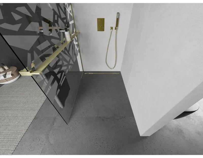 Mexen Kioto+, Walk-In zuhanyparaván polccal és akasztóval 120 x 200 cm, 8 mm átlátszó üveg fehér mintás, arany matt profil, 800-120-121-55-85