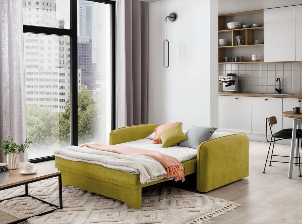 Sárga zsenília kinyitható-tárolóhelyes kanapé 155 cm Laine – ELTAP