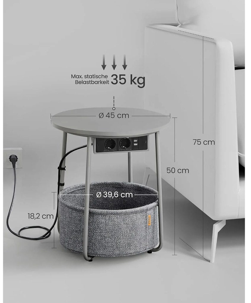 Kerek dohányzóasztal usb töltő porttal, kis asztal aljzattal, szürke-palaszürke