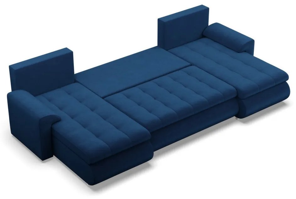 Tokio U alakú sarokkanapé, 3 ágyneműtartóval, bársony, univerzális oldal, kék