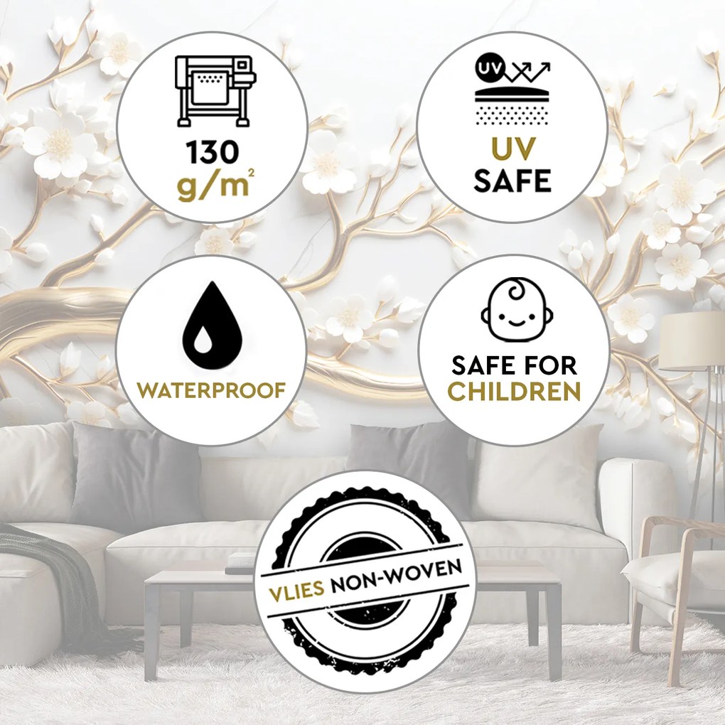 Gario Fotótapéta Fehér virágok egy arany ágon Anyag: Vlies, Méret: 100 x 70 cm