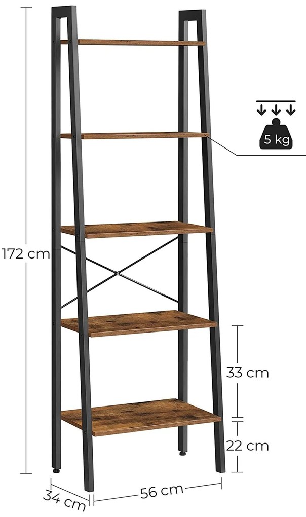 Könyvespolc, 5 szintes létrapolc, 56x34x172 cm, rusztikus barna