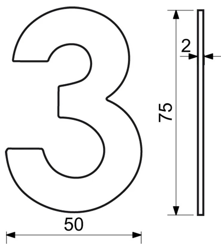 Házszám "3", RN.75L, rozsdamentes acél