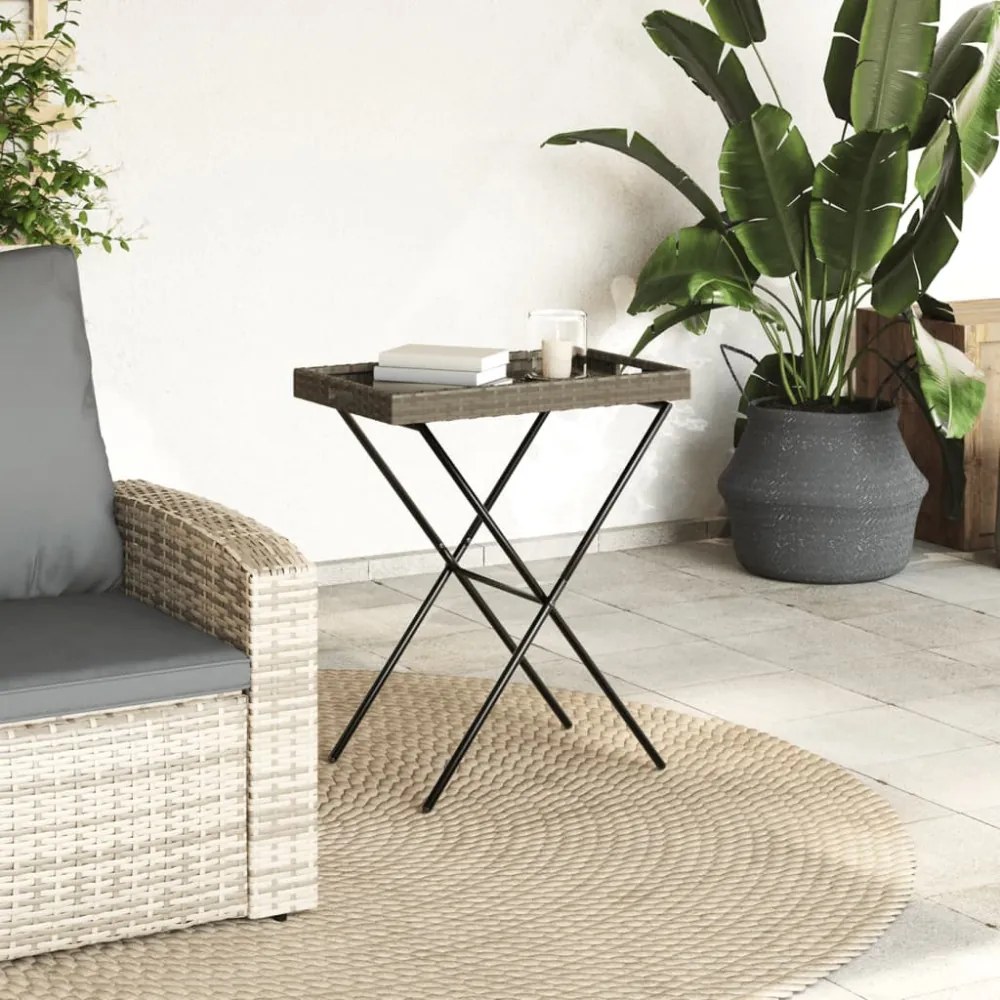 szürke összecsukható polyrattan tálcaasztal 65 x 40 x 75 cm